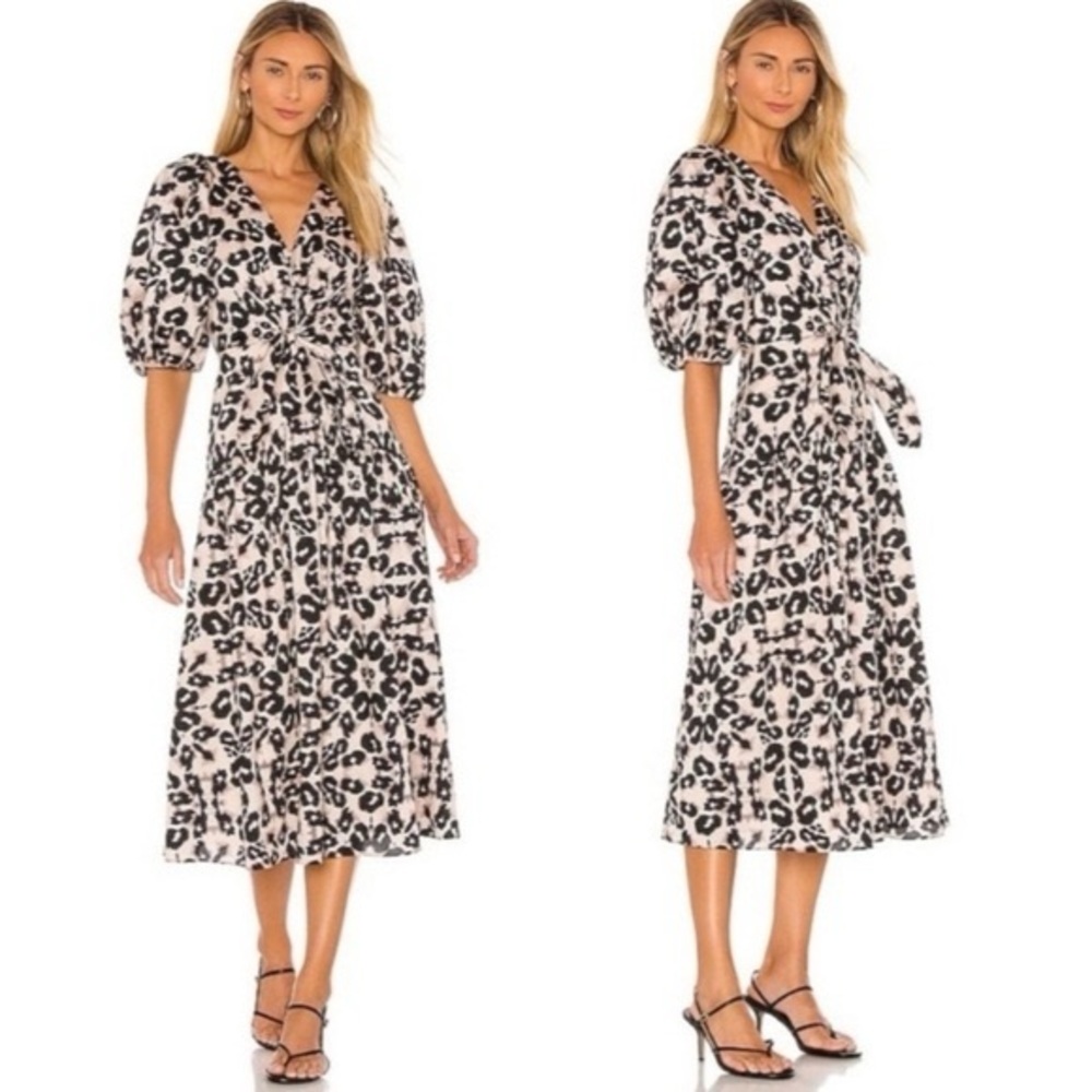 Rebecca Taylor Leopard Kaleidoscope Print Puff Sleeve Midi Dress Tie Front Sz‎ 8